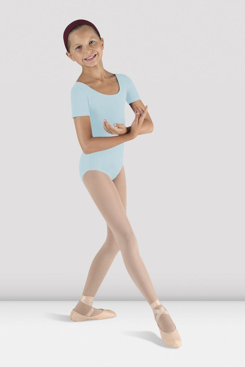 Girls Short Sleeve Round Neck Leotard, Pastel Blue