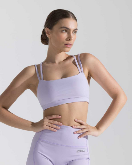 BLOCH Active Technique Collection Bandeau Bra Top and Shorts in Purple on Model