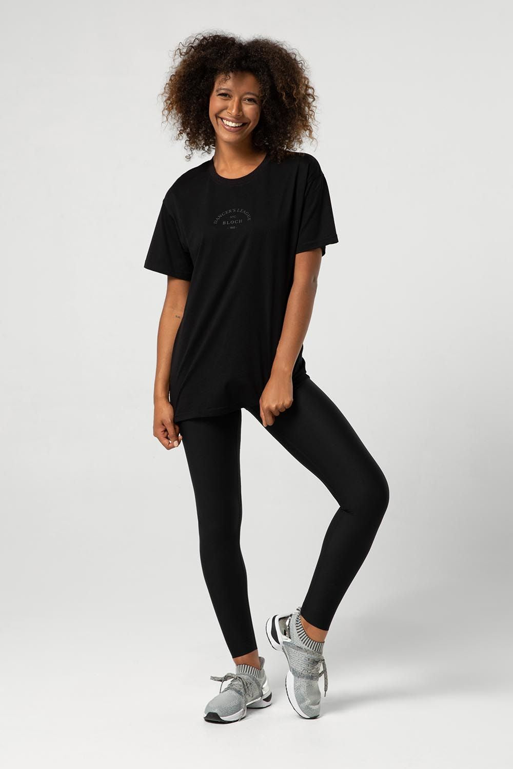 Women's Black Print Sweatshirt, Black Leggings, Black Athletic Shoes